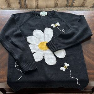 Quacker Factory Black Sweater with Daisy and Bee Design